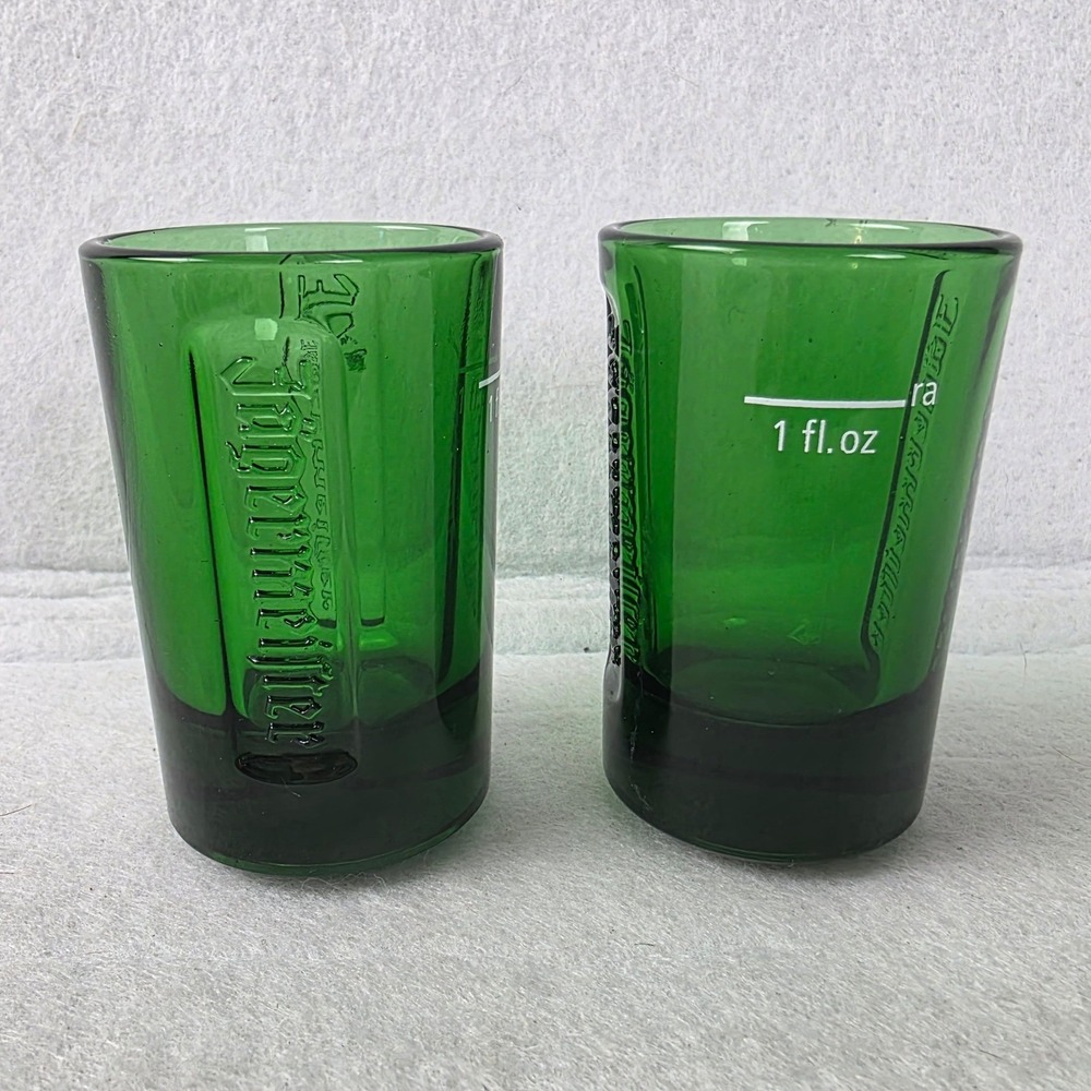 Jagermeister Green Glass Shot Glasses Set of 2 Embossed Logo 1oz Pour Line Stag